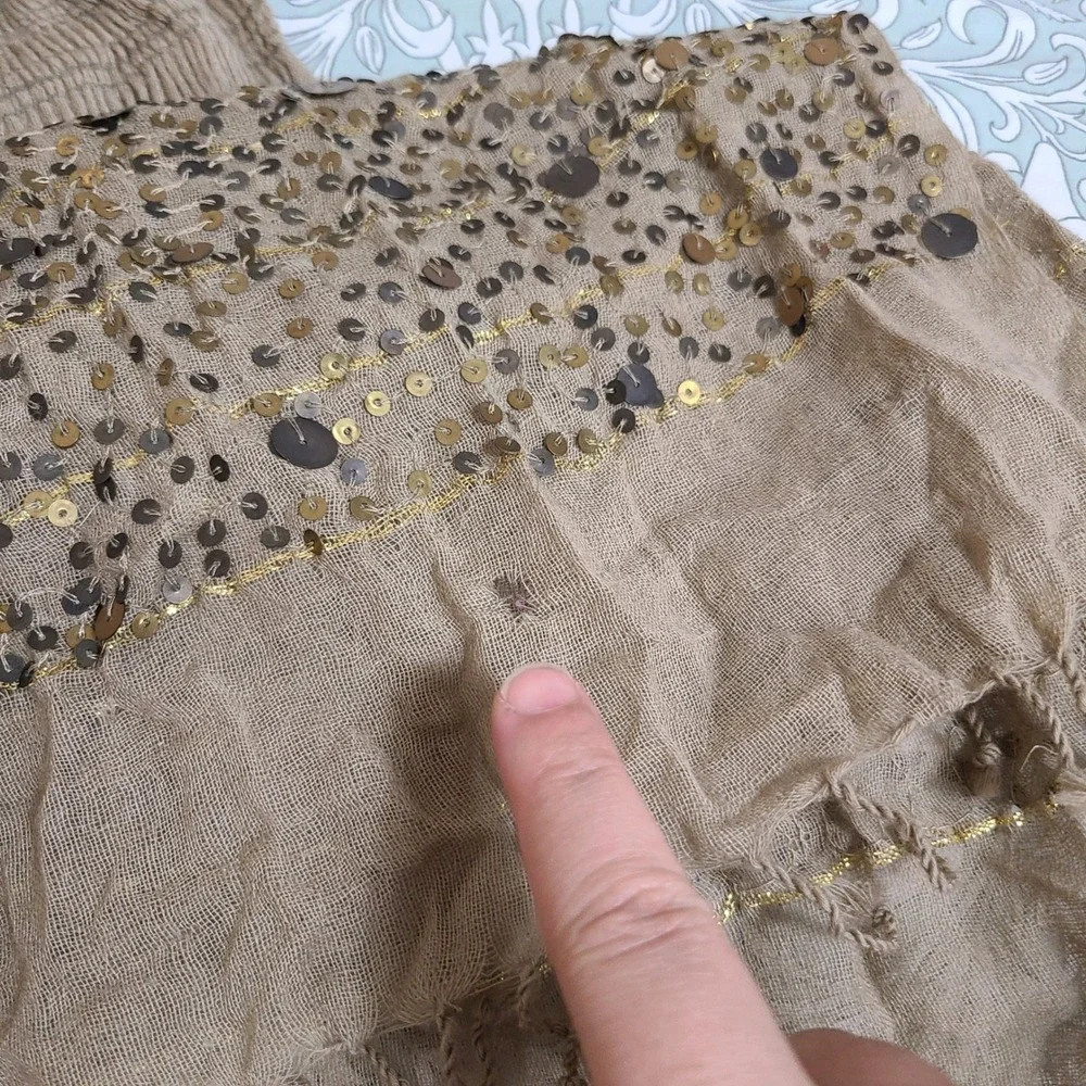 JIGSAW Stone Brown Wool Blend Scarf Fringe Sequins Gypsy Festival Global Artisan